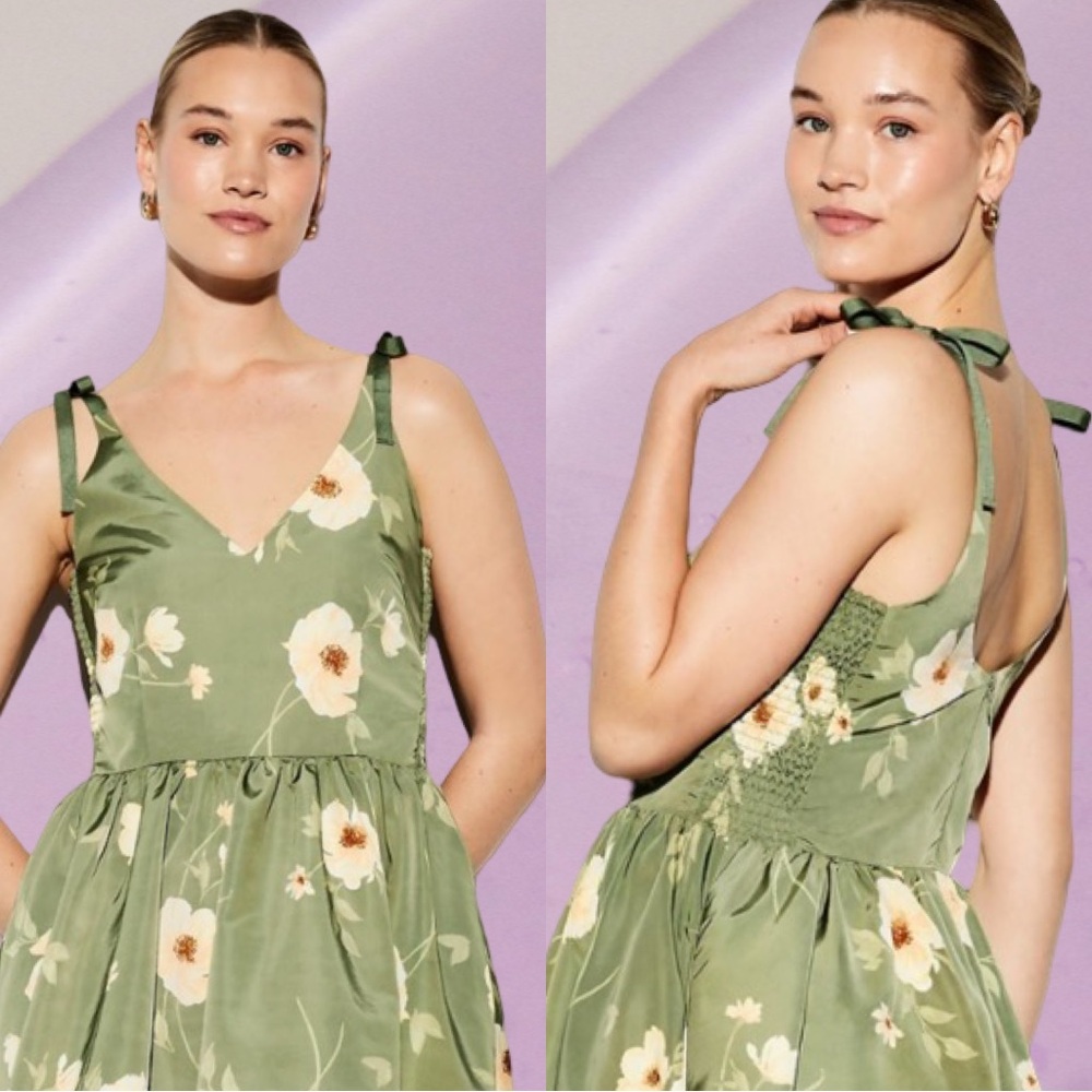 NWTS💓THE OCCASION XL💓SAGE TAFFETA PARTY DRESS FIT & FLARE ZIP CLOSURE SIDE SMOCK - Picture 4 of 15